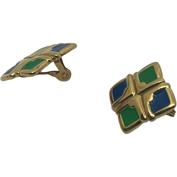 Vintage Monet Gold Clip-On Earrings with Green & Blue Enamel Diamond Shape 1980s - Picture 6 of 9